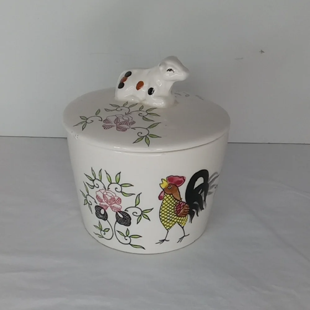 Vintage Ceramic Jar Rooster and Cow Butter Grease Lidded Crock Cottagecore Farm